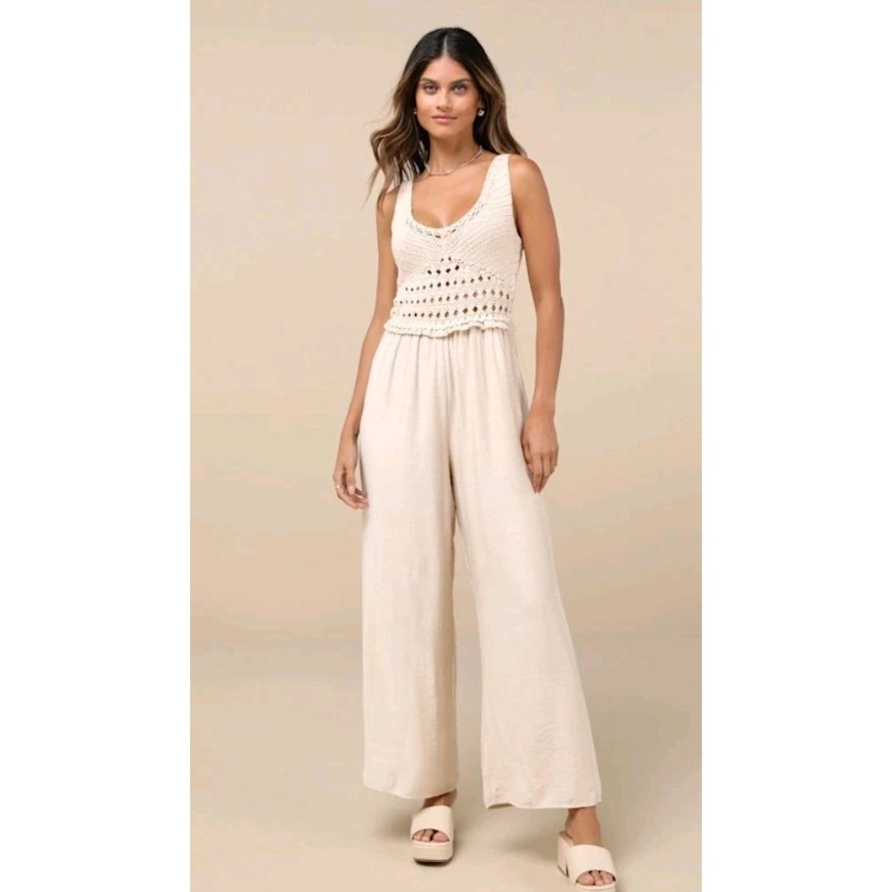 Lulu's  Play Jump suit Small Crochet 70s Beige Beach Minimalist Bohemian Hippie
